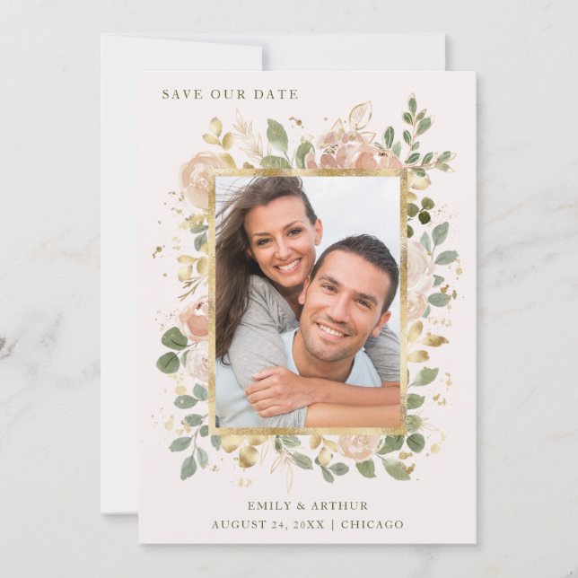 Neutral Flowers on Blush Pink | Gold Photo Frame Save The Date (Front)