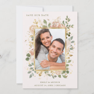 Neutral Flowers on Blush Pink   Gold Photo Frame Save The Date