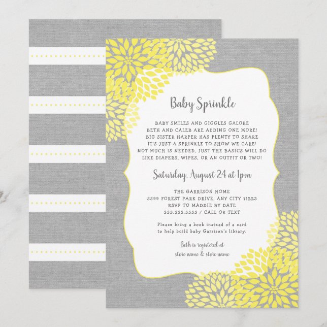 Neutral Gender Baby Sprinkle invite, yellow grey Invitation (Front/Back)