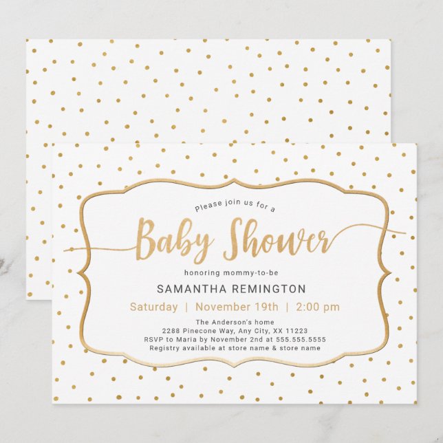 Neutral Gender White Gold Dot Baby Shower Invitation (Front/Back)