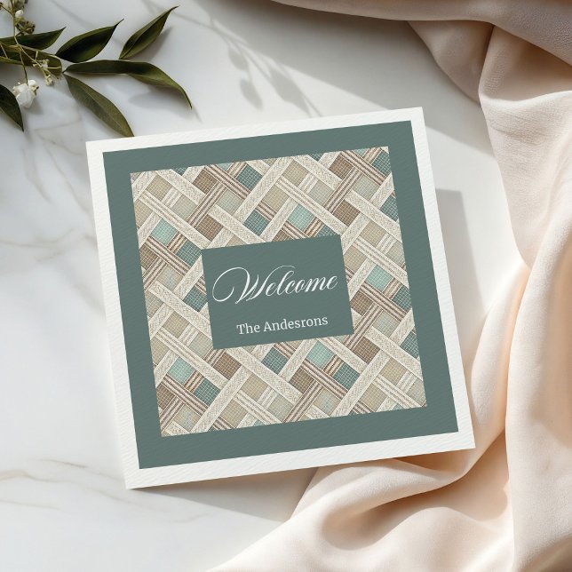 Neutral Geometric Green Napkins Custom Name Chic (Neutral Geometric Green Napkins Custom Name Chic)