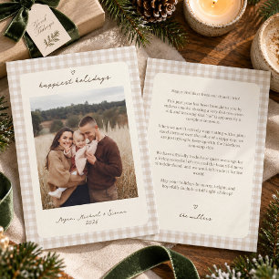 Neutral Gingham Family Photo Christmas Letter Holiday Card
