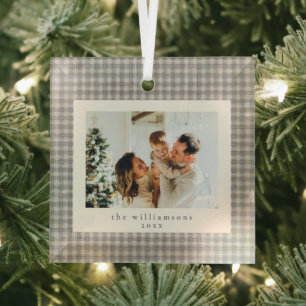 Neutral Gingham Family Photo Keepsake Christmas Glass Tree Decoration