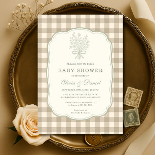 Neutral Gingham Floral Bow Couples Baby Shower Invitation