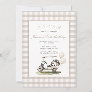 Neutral Gingham Golf Cart Boy Birthday  Invitation