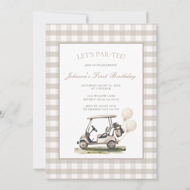 Neutral Gingham Golf Cart Boy Birthday  Invitation (Front)