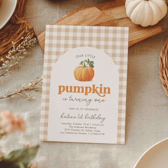 Neutral Gingham Pumpkin 1st Birthday Invitation (Creator Uploaded)