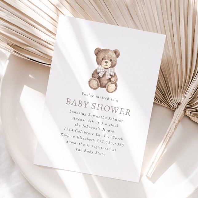 Neutral Gingham Simple Teddy Bear Baby Shower Invitation (Creator Uploaded)