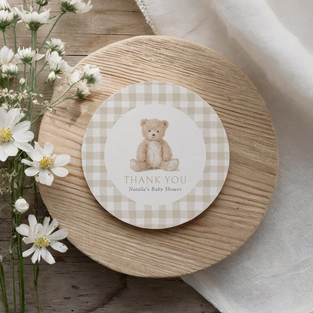 Neutral Gingham Teddy Bear Baby Shower Classic Round Sticker (Creator Uploaded)