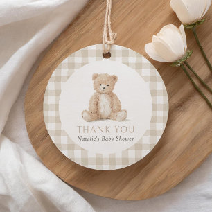 Neutral Gingham Teddy Bear Baby Shower Favour Tags