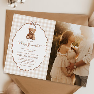 Neutral Gingham Teddy Bear Baby Shower Photo Invitation