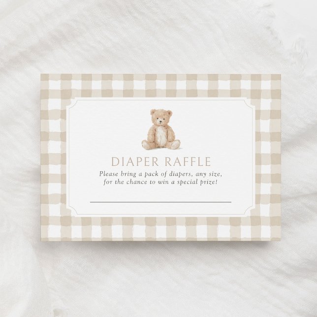 Neutral Gingham Teddy Bear Diaper Raffle Ticket Enclosure Card (Creator Uploaded)