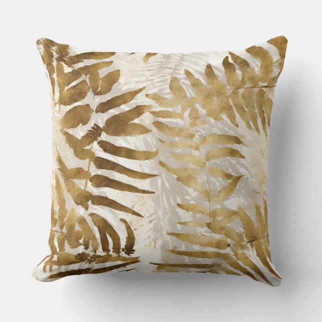 Neutral Gold Grey Fern Leaves Cushion (Front)