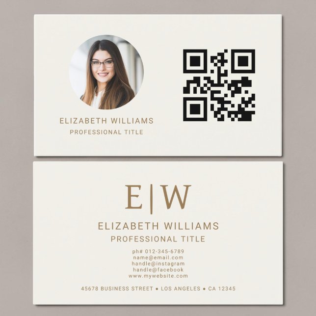 Neutral Gold QR Code Photo Monogram  Business Card (Creator Uploaded)