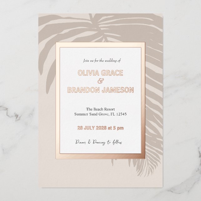 Neutral Gold Tropical Palm Leaf Wedding  (Front)