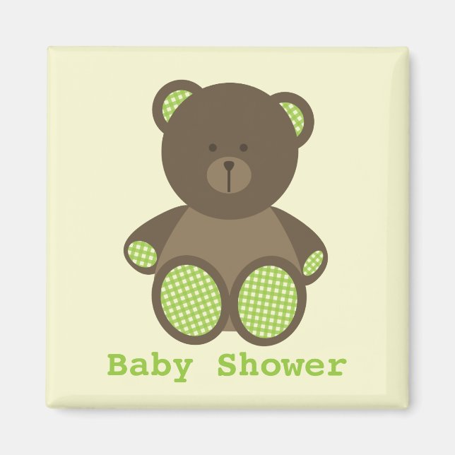 Neutral Green Baby Shower Favour Gingham Bear Magnet (Front)