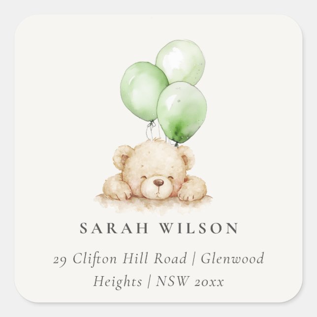 Neutral Green Bearly Wait Balloon Address Square Sticker (Front)