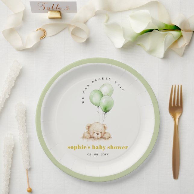 Neutral Green Bearly Wait Balloon Baby Shower Paper Plate (Wedding)