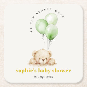 Neutral Green Bearly Wait Balloon Baby Shower Square Paper Coaster