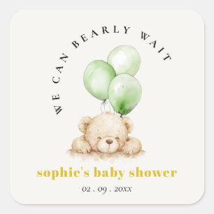 Neutral Green Bearly Wait Balloon Baby Shower Square Sticker