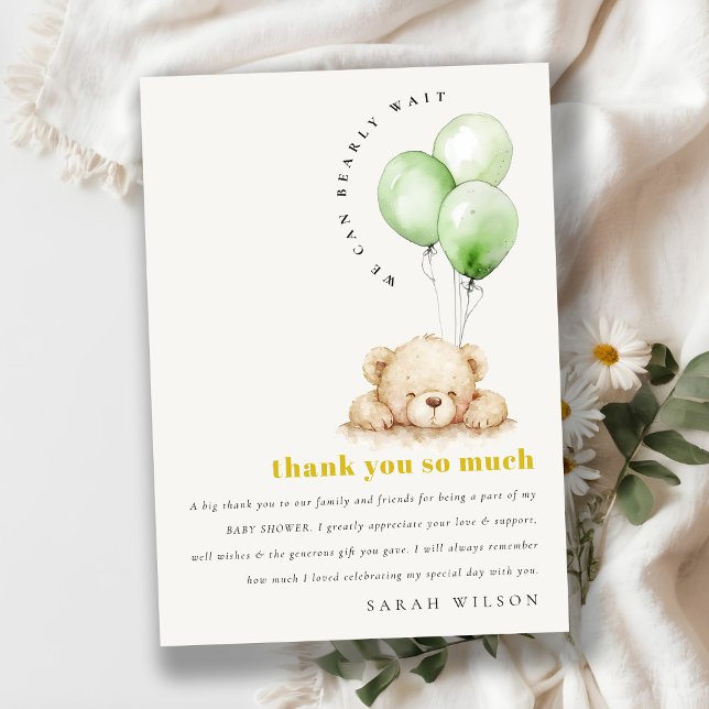 Neutral Green Bearly Wait Balloon Baby Shower Thank You Card (Creator Uploaded)