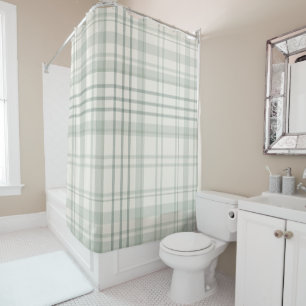 Neutral Green Beige Plaid Shower Curtain