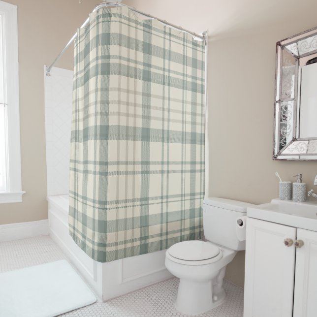 Neutral Green Beige Plaid Shower Curtain (In Situ)
