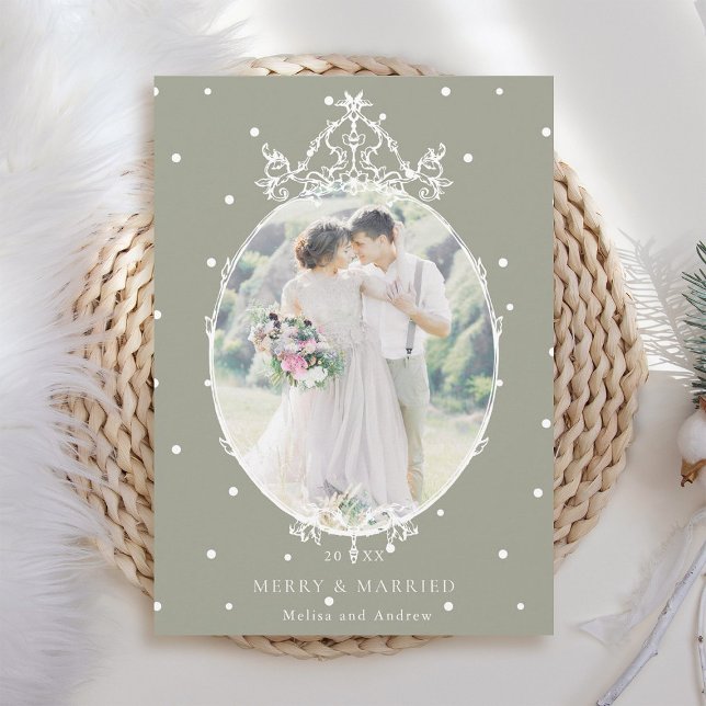 Neutral Green Classic Frame Merry & Married Photo Holiday Card (Creator Uploaded)
