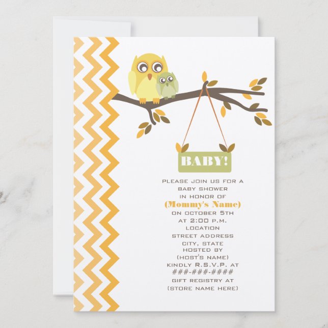 Neutral Green Fall Baby Shower Mummy & Baby Owls Invitation (Front)