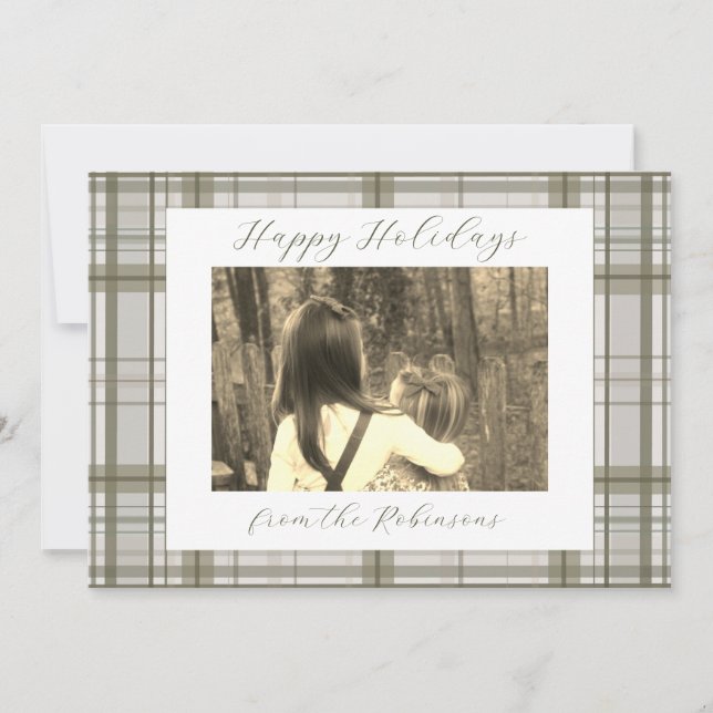 Neutral Green Plaid Holiday Card (Landscape) (Front)