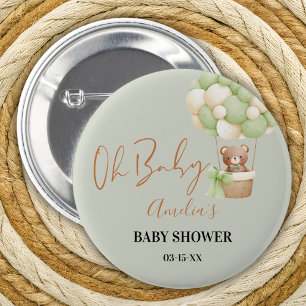 Neutral Green Teddy Bear Oh Baby Balloon 6 Cm Round Badge