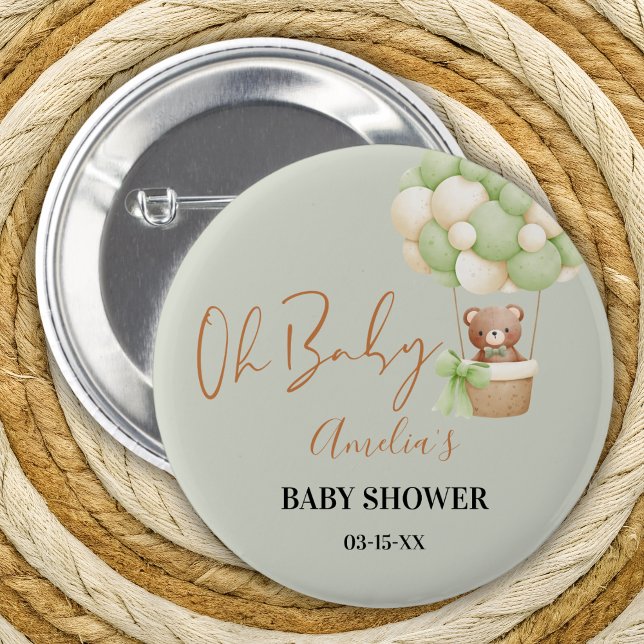 Neutral Green Teddy Bear Oh Baby Balloon  6 Cm Round Badge (Creator Uploaded)