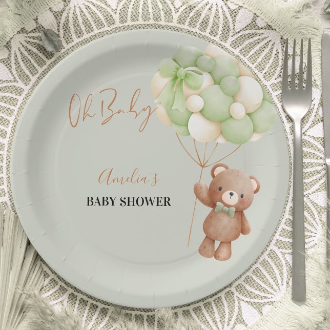 Neutral Green Teddy Bear Oh Baby Balloon Baby Paper Plate (Creator Uploaded)