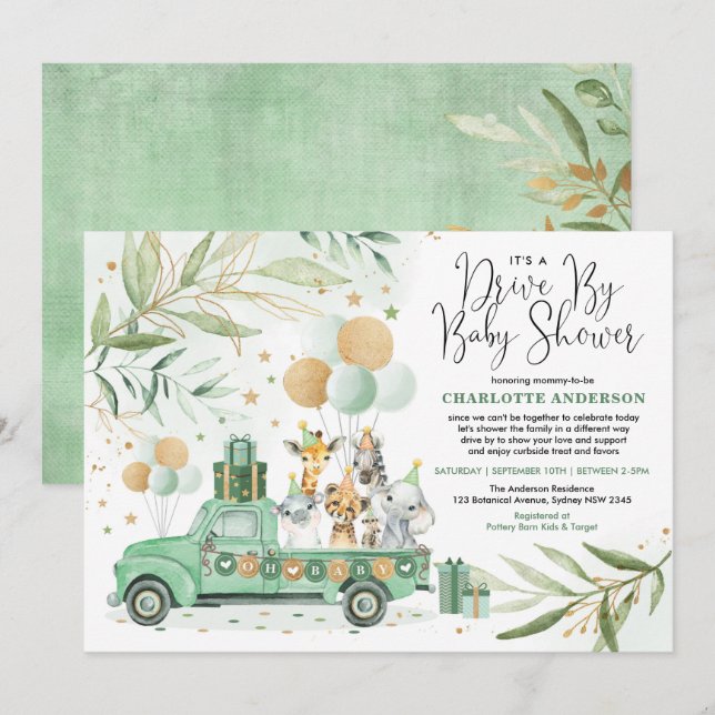 Neutral Greenery Gold Safari Drive By Baby Shower Invitation (Front/Back)