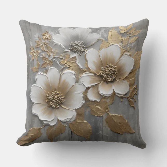 Neutral Grey and Gold Farmhouse Floral Cushion (Front)