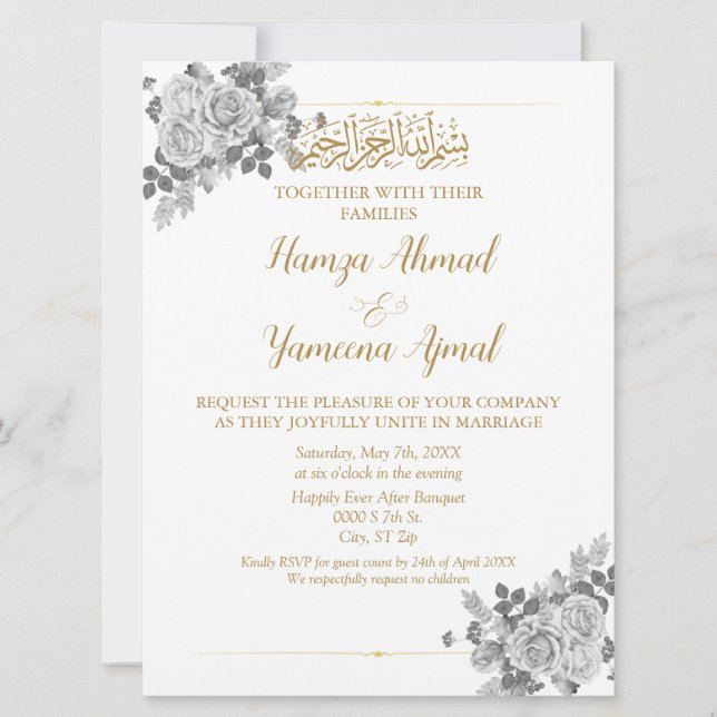 Neutral Grey And Gold Islamic Muslim Wedding Invitation (Front)