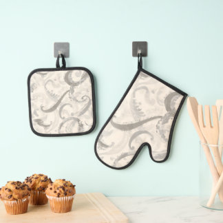 Neutral Grey and White Abstract Oven Mitt & Pot Holder Set