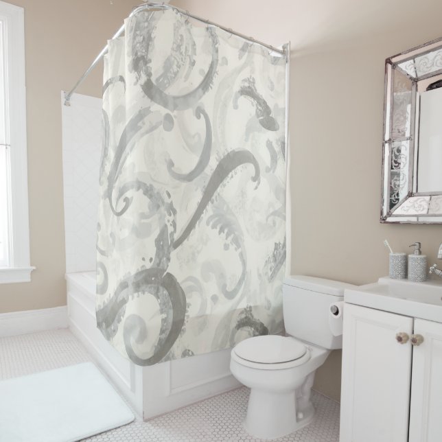 Neutral Grey and White Abstract Shower Curtain (In Situ)