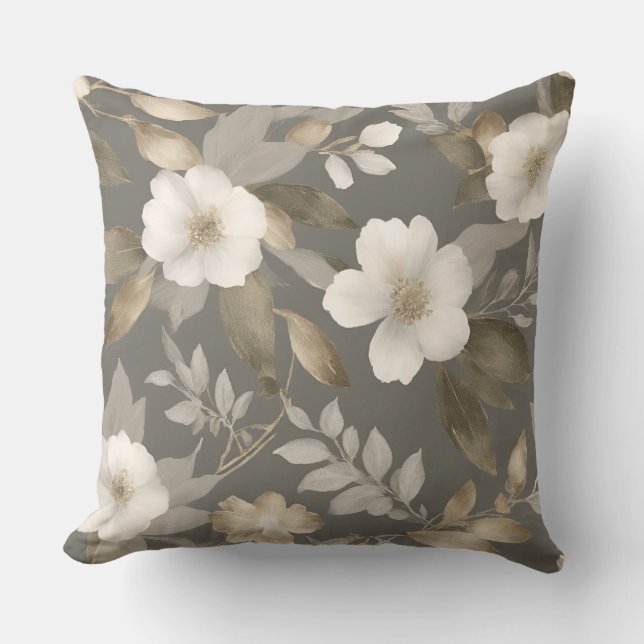Neutral Grey Beige Cream Modern Farmhouse Floral Cushion (Front)