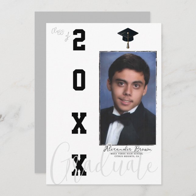 Neutral Grey Black Graduation Photo Announcement   (Front/Back)