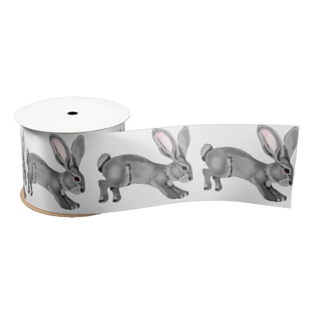 Neutral Grey Bunny Rabbit Pattern Minimal Animal Satin Ribbon (Spool)