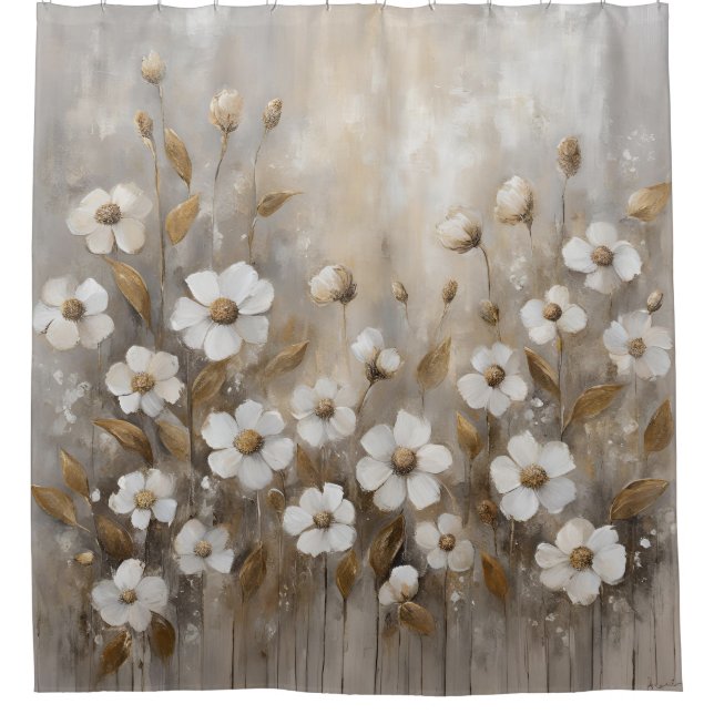 Neutral Grey Gold Taupe Floral Shower Curtain (Front)