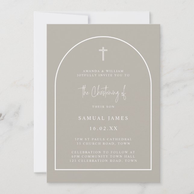 Neutral Grey Modern Arch Minimalist Christening Invitation (Front)