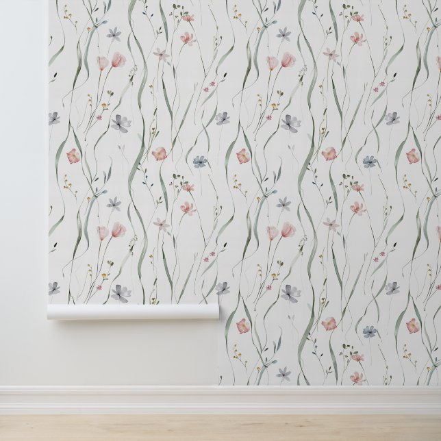 Neutral Grey Pink Wildflower Meadow Pattern Wallpaper (Application)