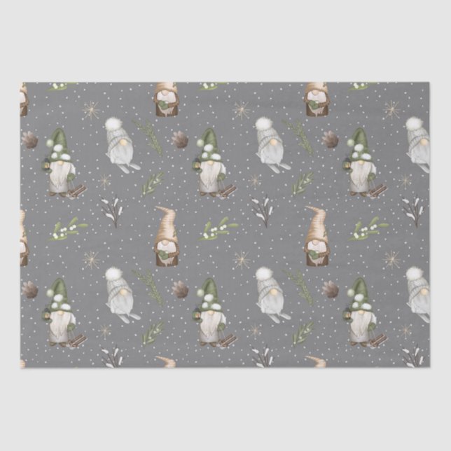 Neutral Grey Snowy Forest Christmas Gnomes Pattern Tissue Paper (Front)