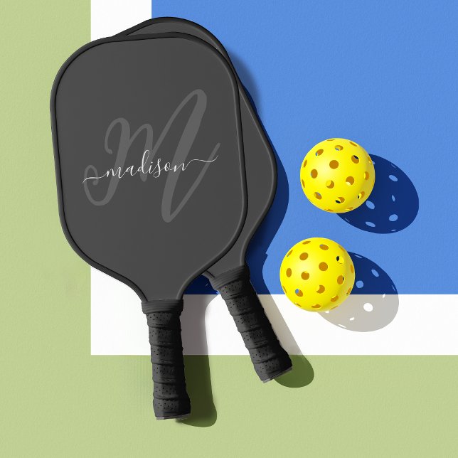 Neutral Grey Stylish Script Monogram and Name Pickleball Paddle (Personalize with your name and monogram.)