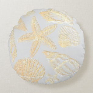 Neutral Grey Tan Beige Seashell Shells Beach House Round Cushion