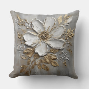 Neutral Grey White Gold Farmhouse Floral Cushion