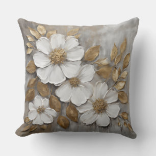 Neutral Grey White Gold Flowers Cushion