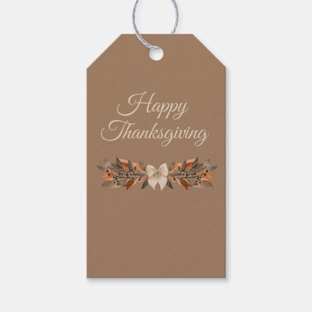Neutral “Happy Thanksgiving” Gift Tag with Leaves (Front)